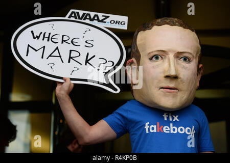 An actor dressed as Mark Zuckerberg arrives at Portcullis House, London, where a hearing is taking place on the impact of disinformation on democracy. Stock Photo