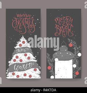 Set of two black and white banners with Christmas brush lettering, Christmas tree and decorated holiday lantern. Stock Vector