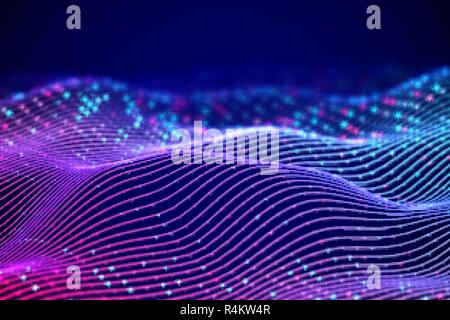 3D Sound waves with colored dots. Big data abstract visualization. Stock Vector