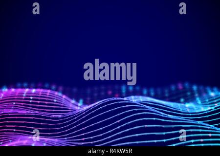 3D Sound waves with colored dots. Big data abstract visualization. Stock Vector