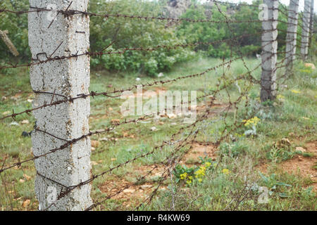 rusty barbed wire fence with concrete pillars in on green grass countryside background Stock Photo