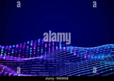 3D Sound waves with colored dots. Big data abstract visualization. Stock Vector