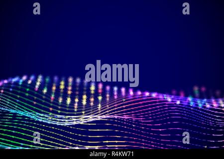 3D Sound waves with colored dots. Big data abstract visualization. Stock Vector