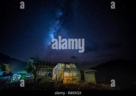 Chiang Dao, Thailand, we can see the Milky Way galaxy and stars in the evening sky. The place is famous and popular among travelers. Stock Photo