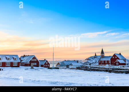 Annaassisitta Oqaluffia, church of our Saviour in sunset lights, Historical center of Nuuk city, Greenland Stock Photo