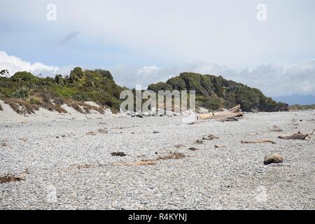 Beach with pebbles and drift wood. Trees in the background. New Zealand South Island Stock Photo