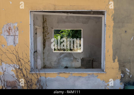 Windows of a worn abandoned security cabin with yellow concrete walls and nature on the background. Stock Photo