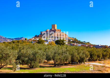 View of the castle of Alcaudete, province of Jaen, Andalusia, Spain surrounded by olive groves. Stock Photo