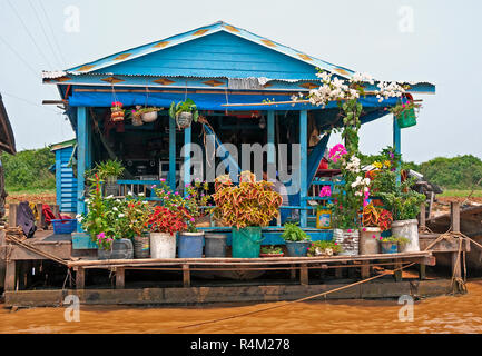 Tonle Sap Lake, Cambodia.  Colourful floating fishing village houses on Tonle Sap Lake, South East Asia Stock Photo