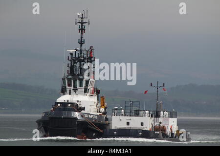 Serco Marine Services' tugboat SD Impetus, with the oiler barge SD ...