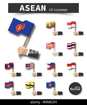 ASEAN . Association of Southeast Asian Nations . Hand of businessman hold and wave flag pole on white isolated background . Flat design . Elements vec Stock Vector