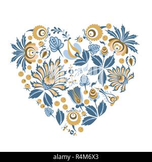 Scandinavian Floral heart background shape with flowers and leaves for greeting cards, posters, banners, and other projects Stock Vector