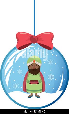 christmas nativity scene wise man round icon christmas ball and red ribbon cartoon vector illustration graphic design Stock Vector