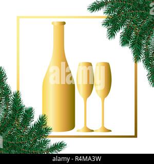 luxury and elegant gold champagne bottle with glasses and christmas decoration cartoon vector illustration graphic design Stock Vector