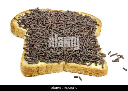 Dutch white bread with hagelslag (chocolate sprinkles) topping isolated on white background Stock Photo