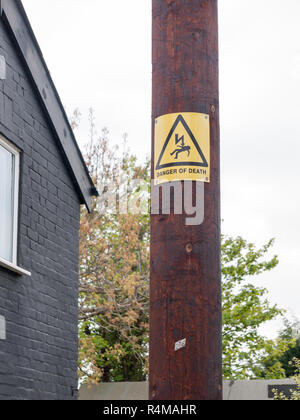 a yellow and black danger of death sign with electric bolt and man accident electrified on a wooden post outside home on street wires Stock Photo