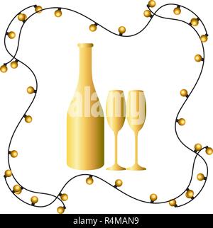 luxury and elegant champagne bottle with glasses and golden christmas decorations cartoon vector illustration graphic design Stock Vector