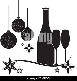 luxury and elegant champagne bottle with glasses and christmas decorations cartoon vector illustration graphic design Stock Vector