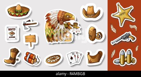 Western wild west art stickers set. Gun, bullets, dynamite and many other items Stock Vector