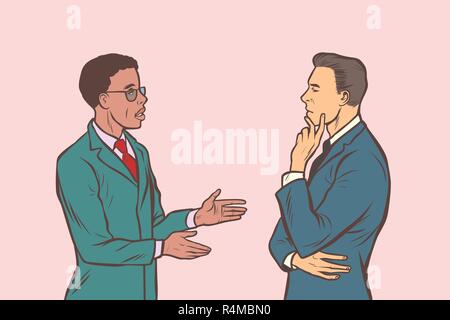 Two businessmen talking. Multi ethnic group. Comic cartoon pop art retro vector illustration drawing Stock Vector