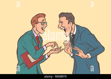 two businessmen talking and laughing. Friends joke. Comic cartoon pop art retro vector illustration drawing Stock Vector