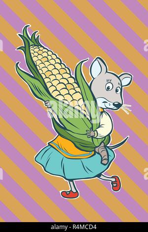 Mouse fantastic character with corn cob. fairytale character. Comic cartoon pop art retro vector illustration drawing Stock Vector