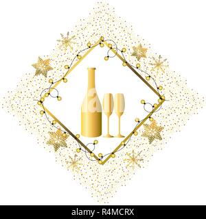 luxury and elegant champagne bottle with glasses and golden christmas decoration cartoon vector illustration graphic design Stock Vector