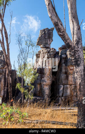 The Lost City is a collection of rock formations that have left behind as the softer sandstone cap of the table top range eroded away. Near Batchelor, Stock Photo