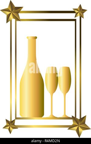 luxury and elegant champagne bottle with glasses and golden christmas decoration cartoon vector illustration graphic design Stock Vector