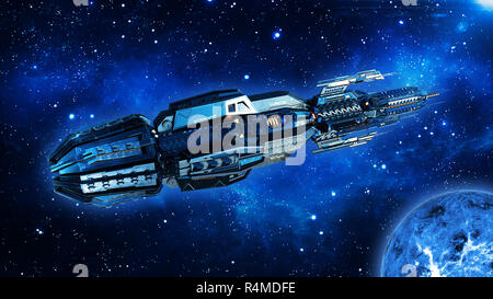 Alien mothership, spaceship in deep space, UFO spacecraft flying in the Universe with planet and stars, top view, 3D rendering Stock Photo