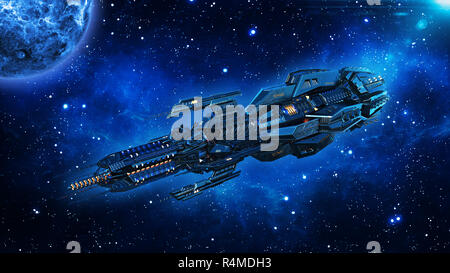 Alien mothership, spaceship in deep space, UFO spacecraft flying in the Universe with planet and stars, 3D rendering Stock Photo