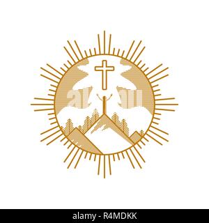 Church logo. Christian symbols. The man on the mountain worships Jesus Christ. Stock Vector