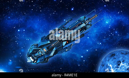 Alien mothership, spaceship in deep space, UFO spacecraft flying in the Universe with planet and stars, bottom view, 3D rendering Stock Photo