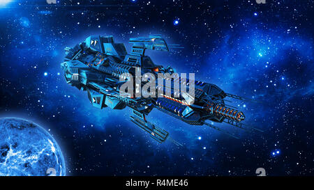 Alien mothership, spaceship in deep space, UFO spacecraft flying in the Universe with planet and stars, front view, 3D rendering Stock Photo