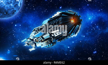 Alien mothership, spaceship in deep space, UFO spacecraft flying in the Universe with planet and stars, rear bottom view, 3D rendering Stock Photo
