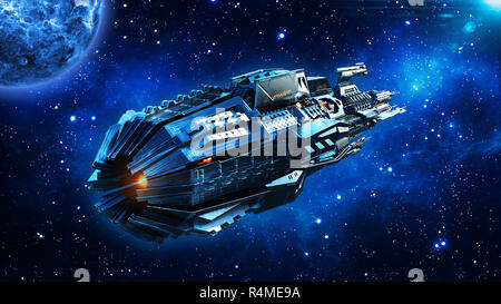 Alien mothership, spaceship in deep space, UFO spacecraft flying in the Universe with planet and stars, rear view, 3D rendering Stock Photo