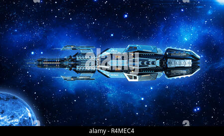 Alien mothership, spaceship in deep space, UFO spacecraft flying in the Universe with planet and stars, side view, 3D rendering Stock Photo