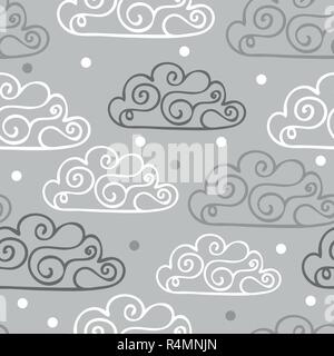 Hand-drawn seamless pattern with cute clouds, stars on a gray background. Stock Vector