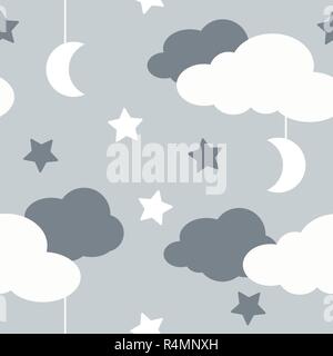 Seamless pattern with sky elements in line art style, grey night Stock Vector