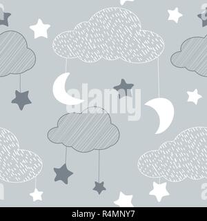 Seamless pattern with sky elements in line art style, grey night Stock Vector