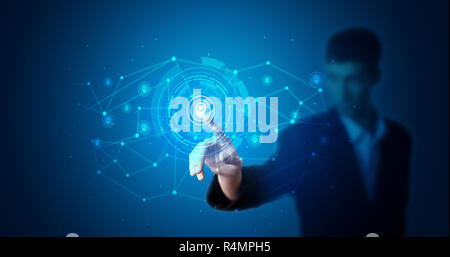 Man touching hologram screen displaying keys and locks Stock Photo