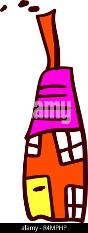 Tall red crooked house in the style of childrens drawing. Vector illustration. Isolated white background. Stock Vector