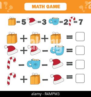 Mathematics educational game for children. Counting equations worksheet Stock Vector