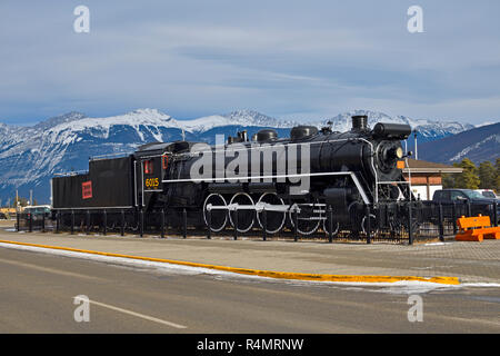 A horizontal image of the steam train parked in the town of Jasper as a tourist attraction in Jasper National Park Alberta,Canada. Stock Photo