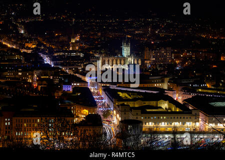 Bath city from Alexandra park at night during the christmas market period in November. Bath, Somerset, England Stock Photo