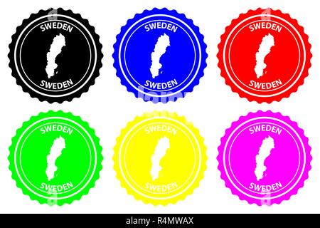 Sweden - rubber stamp - vector,  Kingdom of Sweden map pattern - sticker - black, blue, green, yellow, purple and red Stock Vector