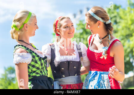 Friends visiting Bavarian fair having fun Stock Photo