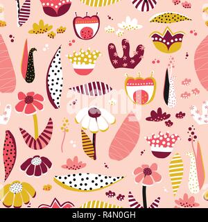 Abstract flower collage style seamless vector pattern. Scandinavian flat floral background coral pink white black gold. For summer, spring, girls, wom Stock Vector