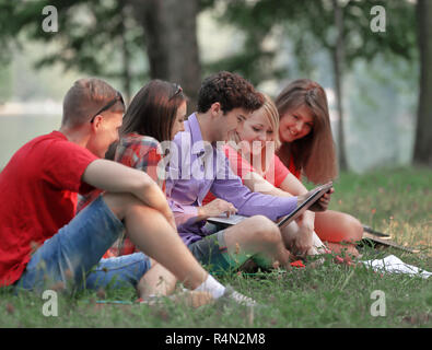 group of students with a laptop sitting on the grass in the Park Stock Photo
