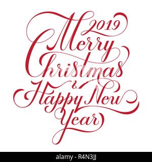 Merry Christmas and Happy New Year. Text. Calligraphic Lettering design card template. Creative typography for Holiday Greeting Gift Poster. Calligraphy Font style Banner. Vector illustration. Stock Vector
